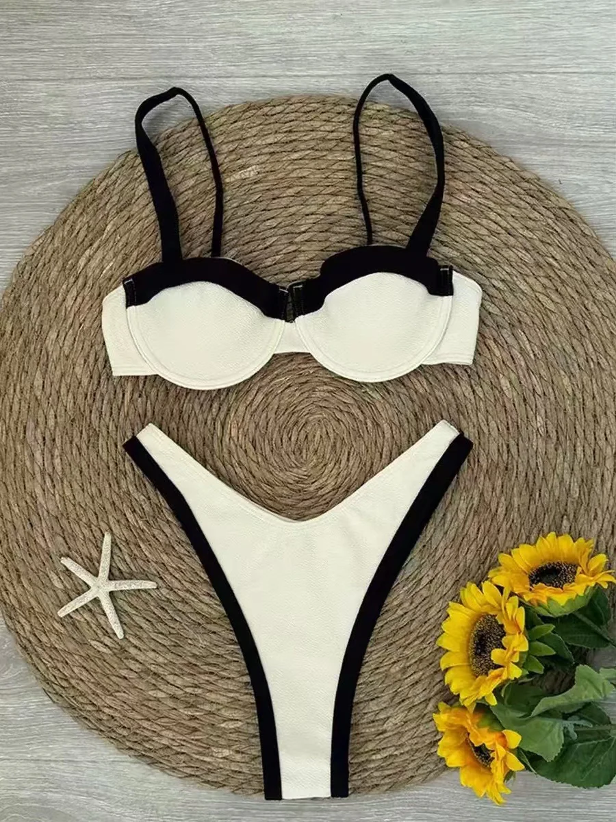 Black And White Color-blocked High-waisted Bikini - Image 4