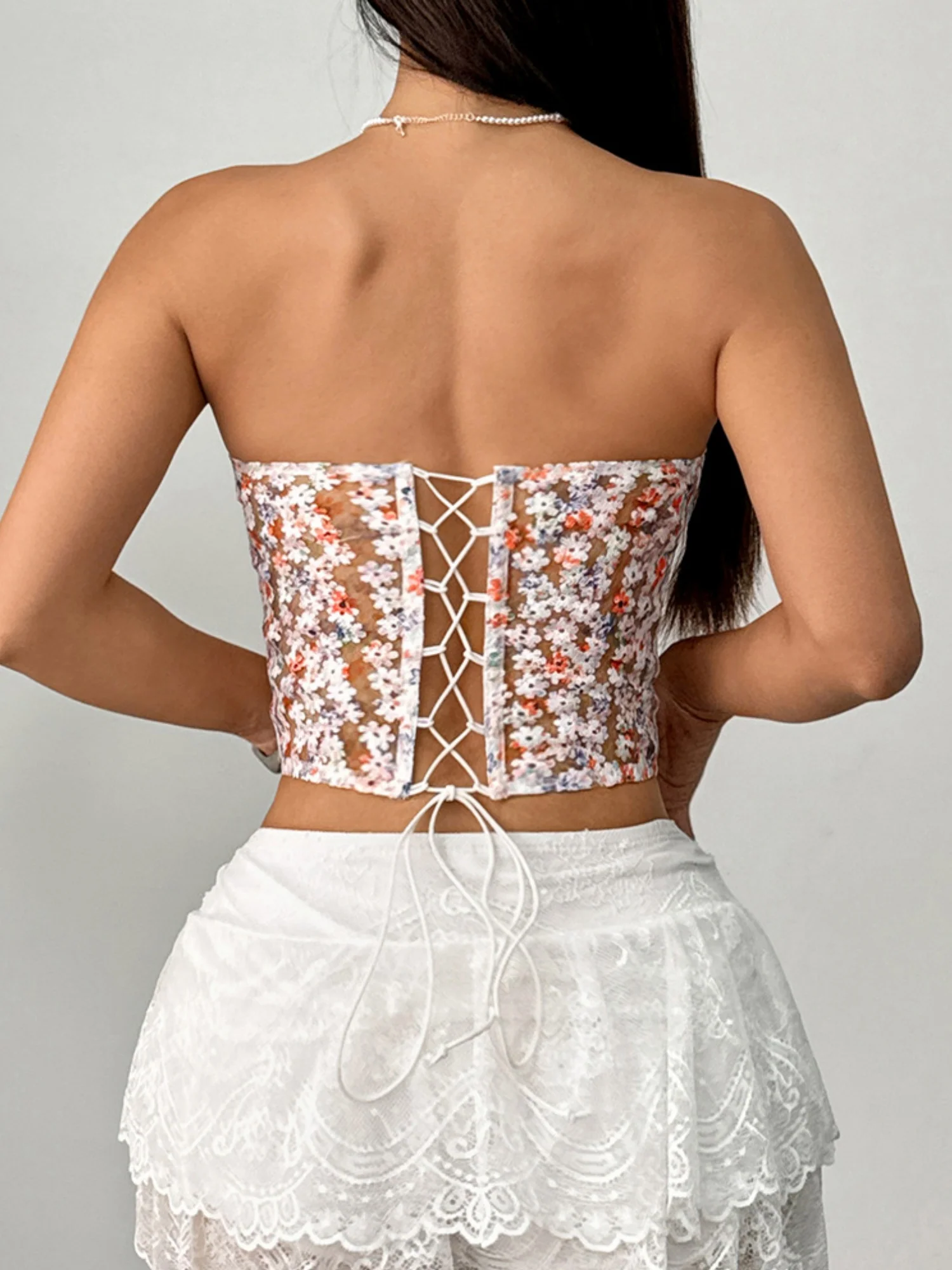 Flower Embroidery Steel Ring Fishbone Gathering And Cultivating Oneself See-through Rope Strapless Bra - Image 2