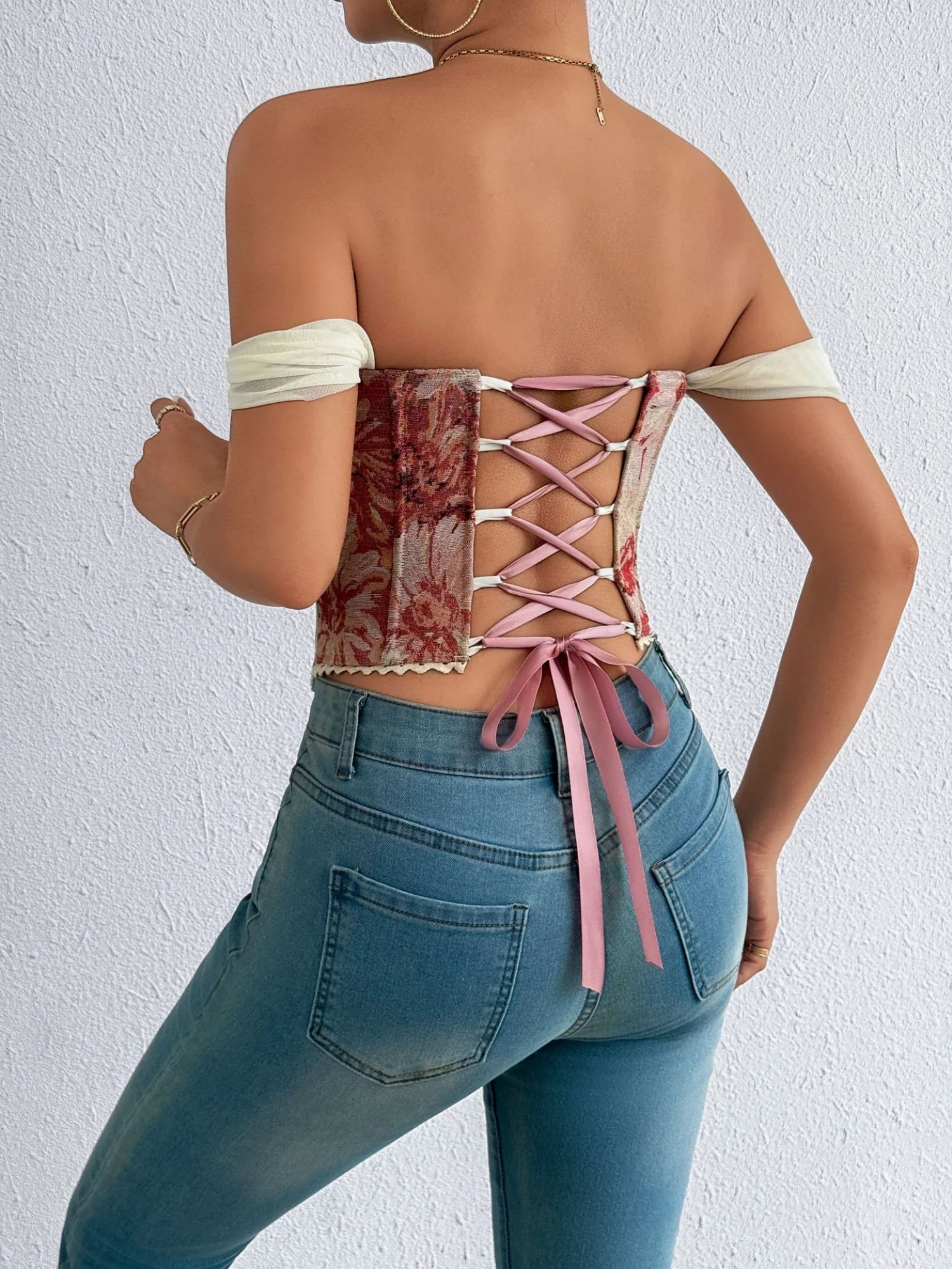 Jacquard Bandeau Top Tie Fish Bones Strapless Bra - Image 6