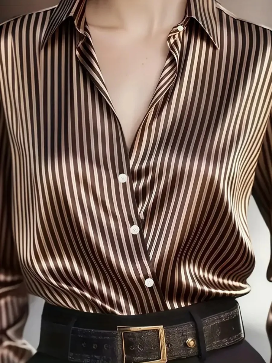 Stripes Single-breasted Slim-fit Satin Casual Shirts - Image 5