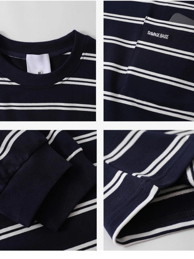 Stripes Color-blocked Embroidery Pocket Loose-fit T-shirts - Image 5
