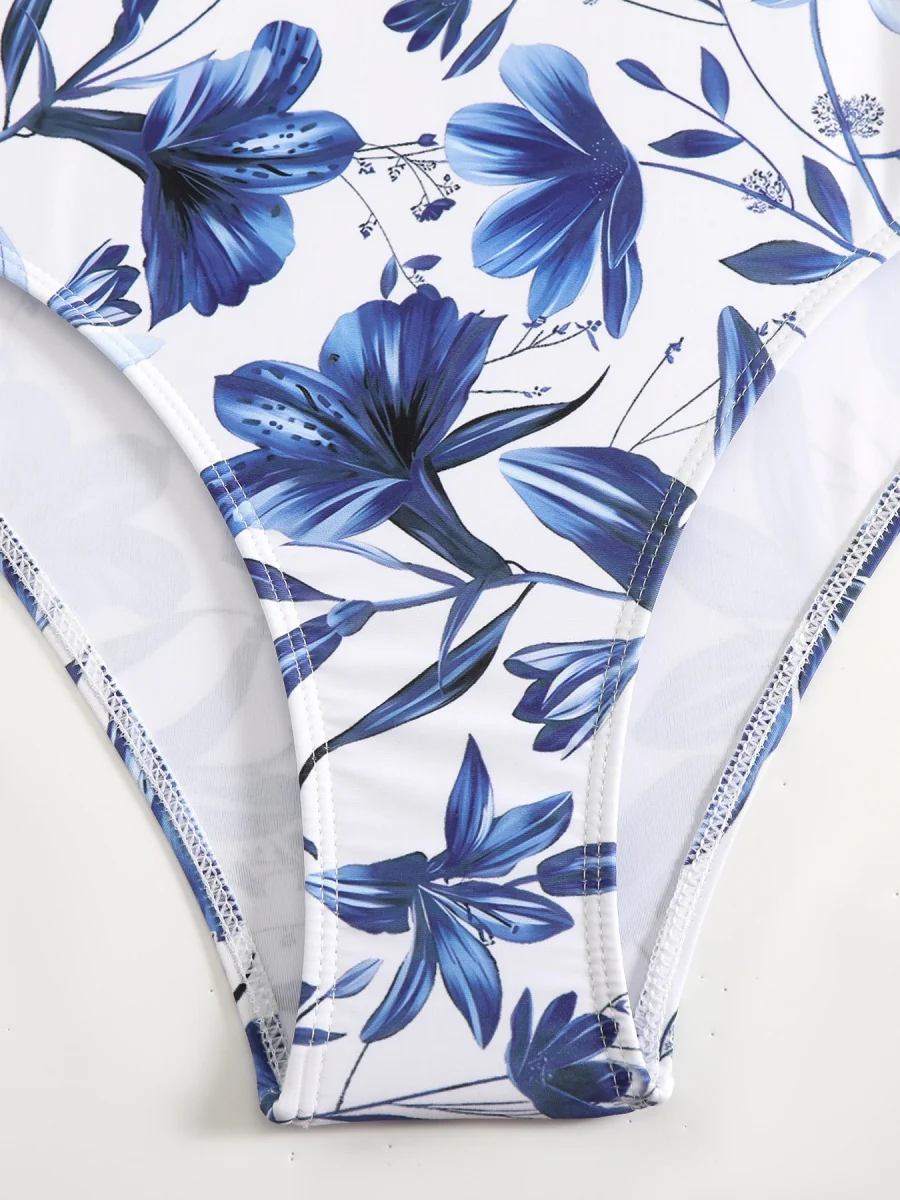 Blue And White Porcelain Print One-piece Slimming And Figure-flattering Long Swimsuit And Sun Protection Dress Two-piece Set - Image 8