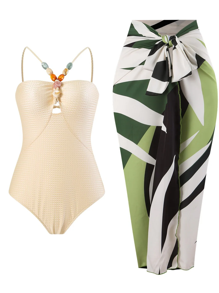 One-piece Swimsuit With Multi-colored Hollowed-out Gemstone Halter Straps, French Style. - Image 21