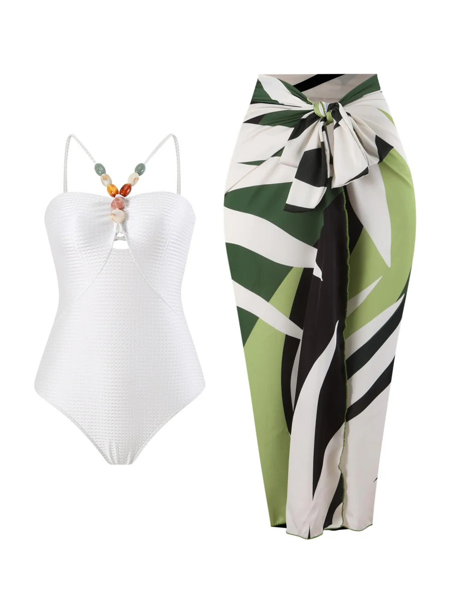 One-piece Swimsuit With Multi-colored Hollowed-out Gemstone Halter Straps, French Style. - Image 7