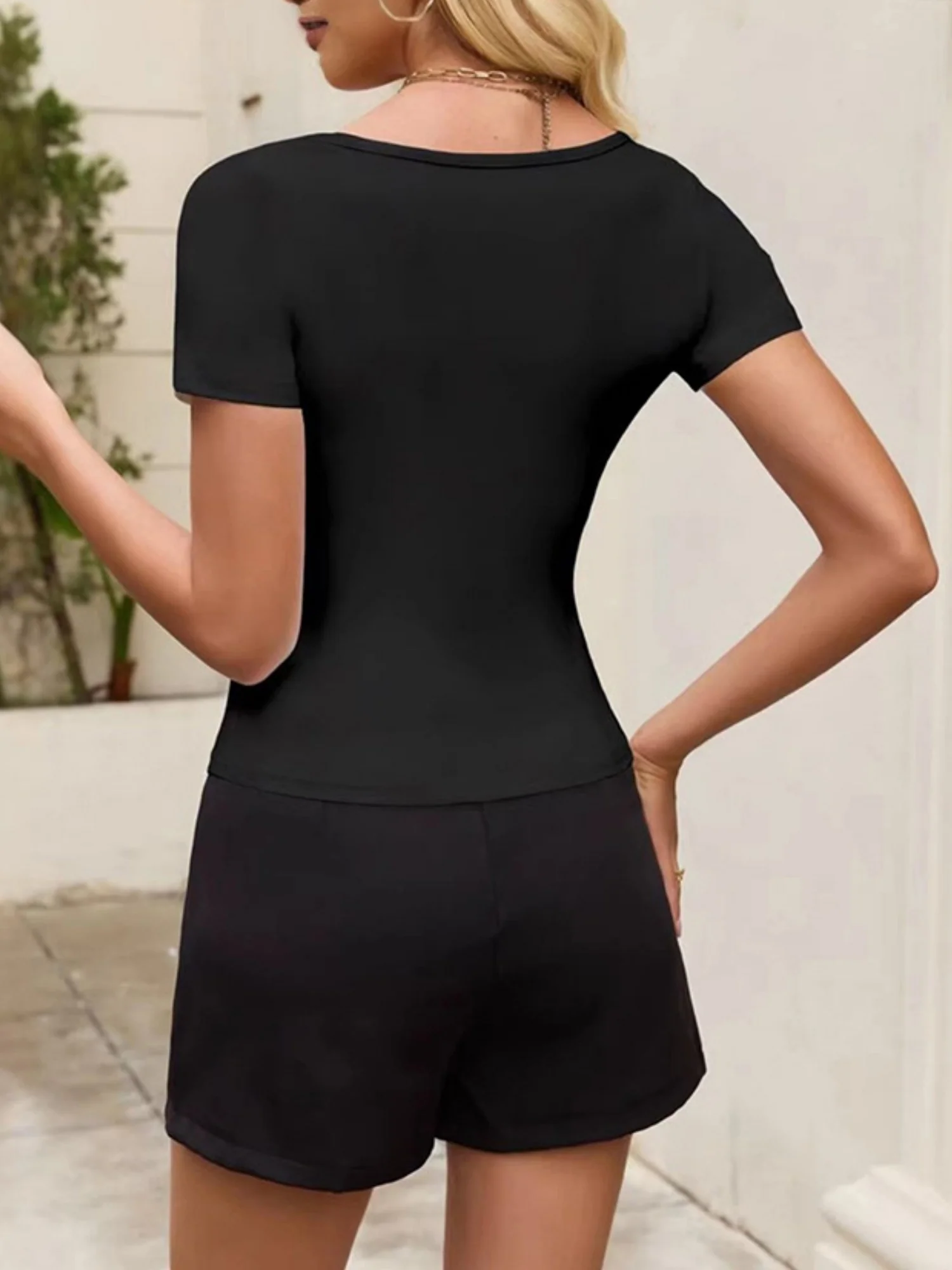Lace Trim With Chest Cotton Bow Square Neck Short-sleeved T-shirt - Image 6