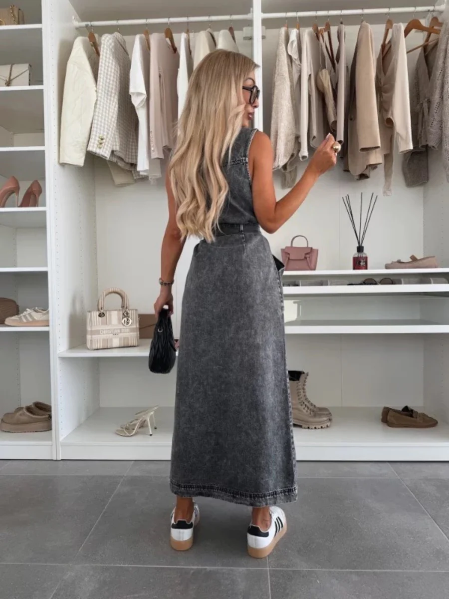 Sleeveless Tie-waist Single-breasted Denim Maxi Dress - Image 5