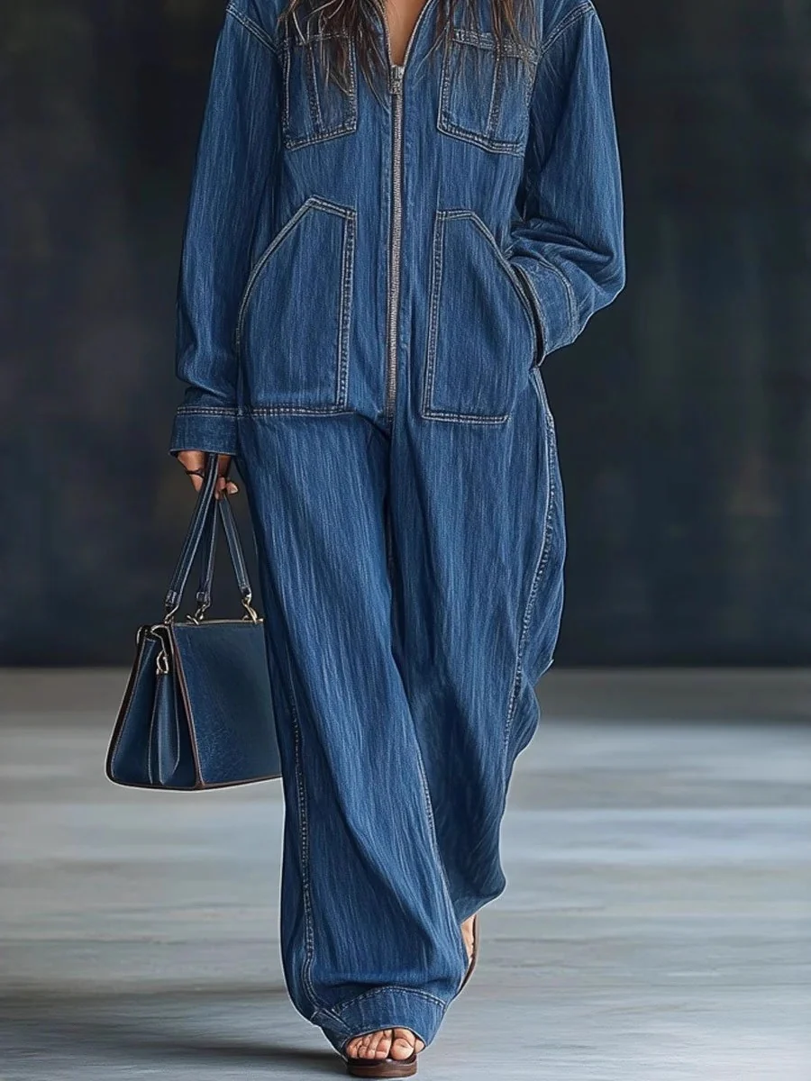 Style Zip-up Hooded Denim Jumpsuit With Large Pockets - Image 3