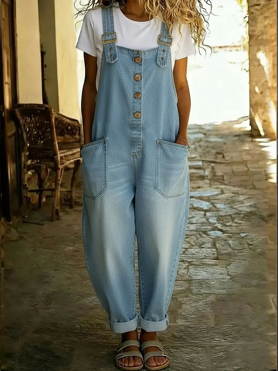 Retro Distressed Loose-fitting Adjustable Buckle Casual Denim Jumpsuit - Image 3