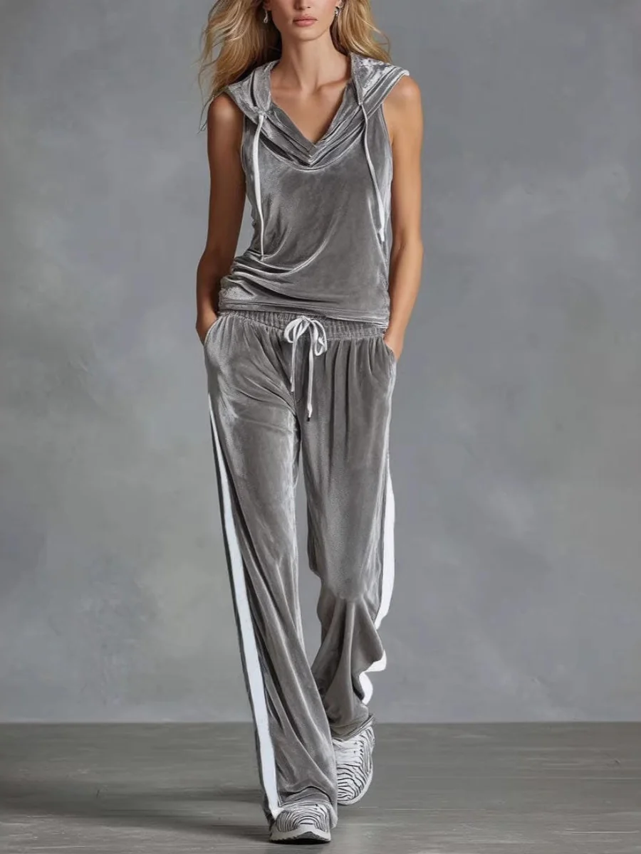 Sleeveless Sporty Casual Comfortable Hooded Velvet Two-Piece Set