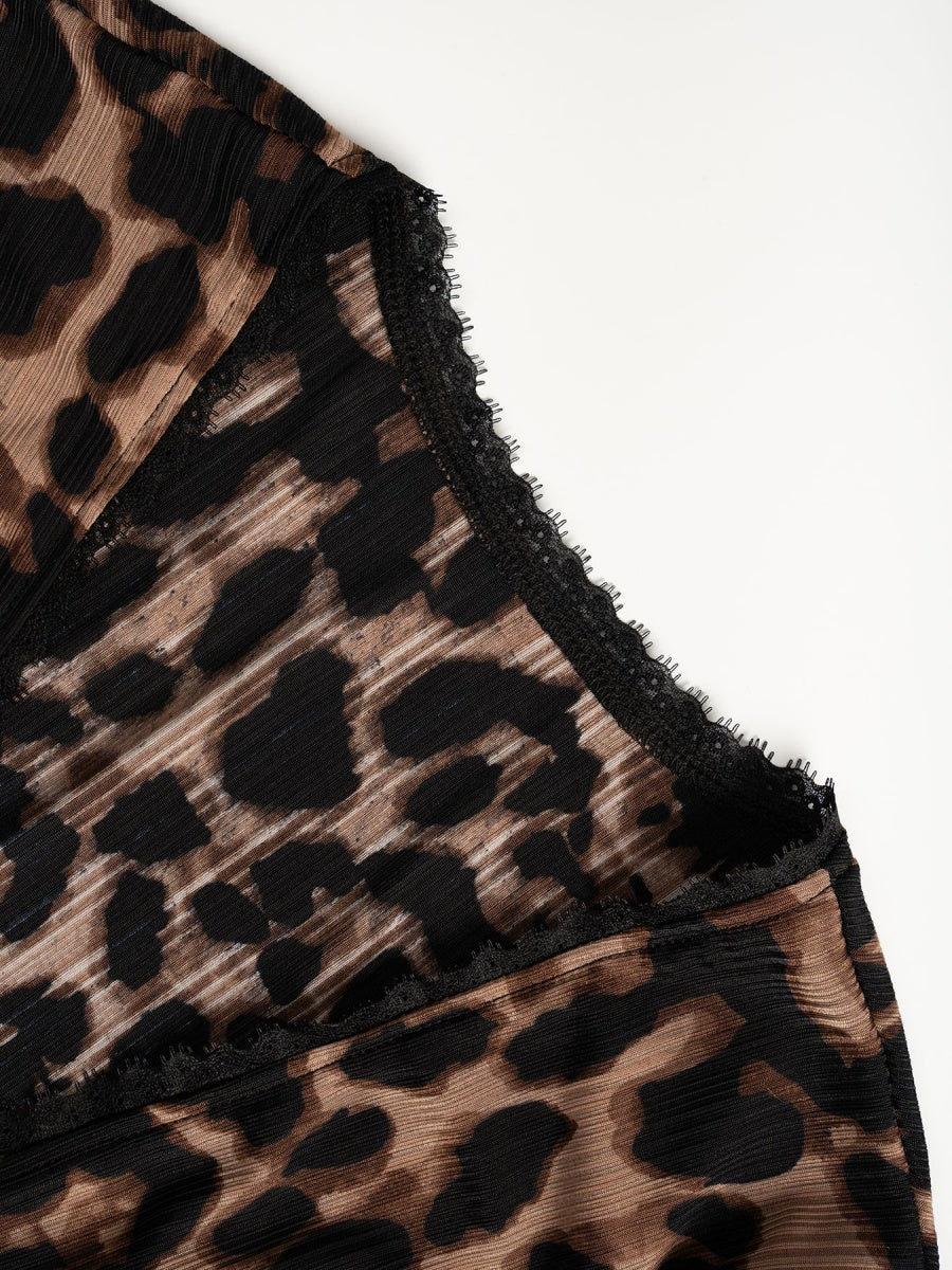 Leopard Print V-Neck Long Sleeve Slim Fit Knit T-Shirt - Image 6
