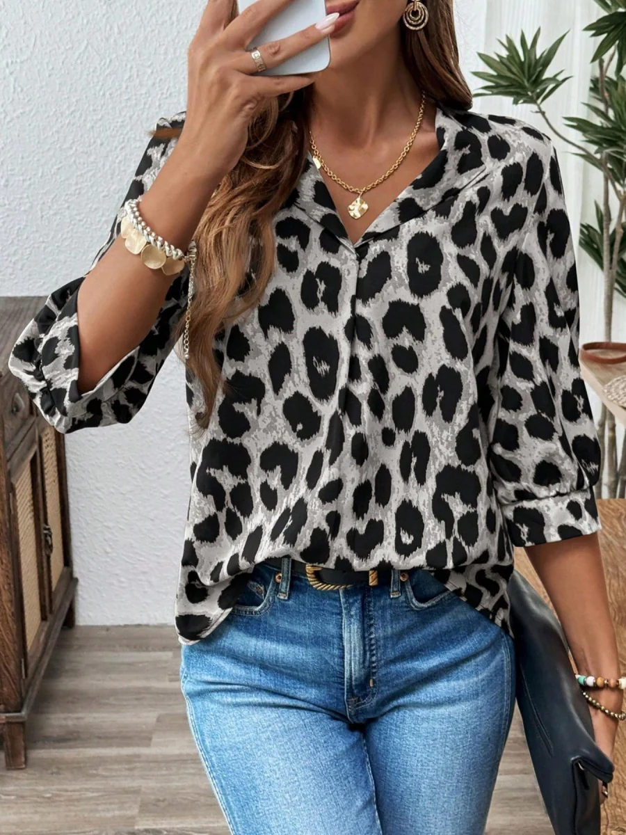 Three-quarter Sleeve Collar Leopard Print T-shirts - Image 10