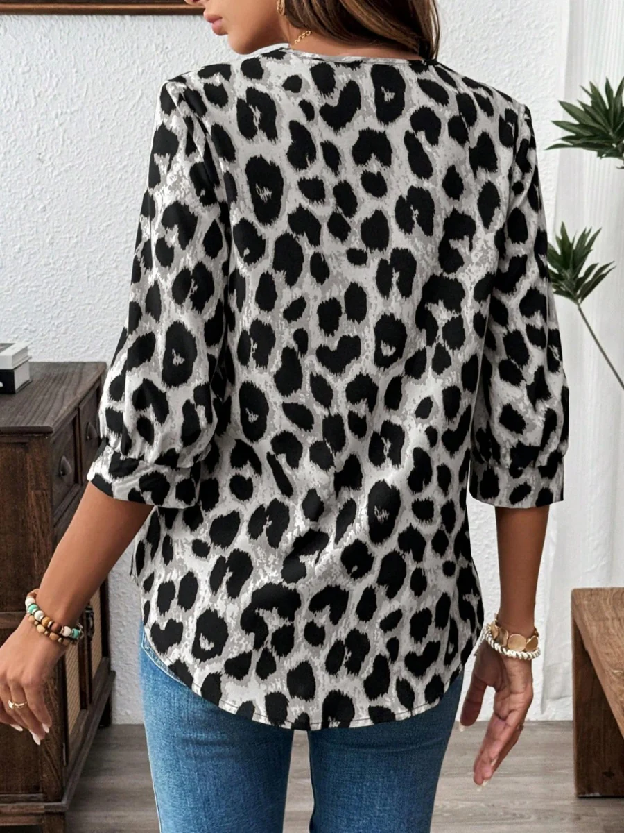 Three-quarter Sleeve Collar Leopard Print T-shirts - Image 11