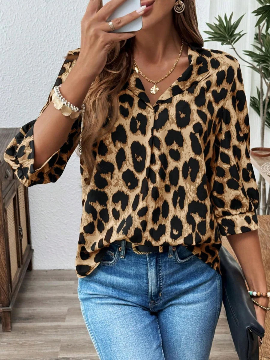 Three-quarter Sleeve Collar Leopard Print T-shirts - Image 15