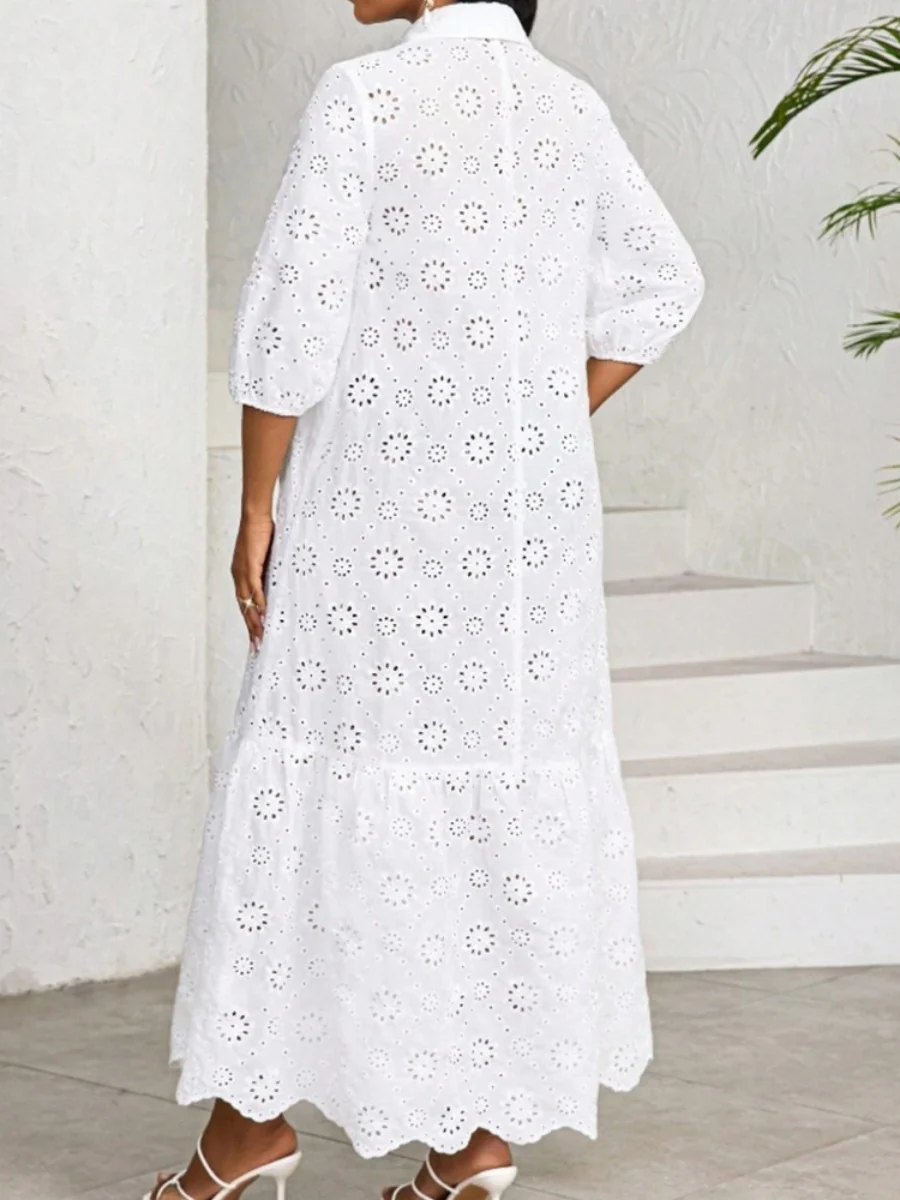 Three-quarter Sleeve Loose Shirt Collar Hollowed-out Lace Long Dress - Image 2