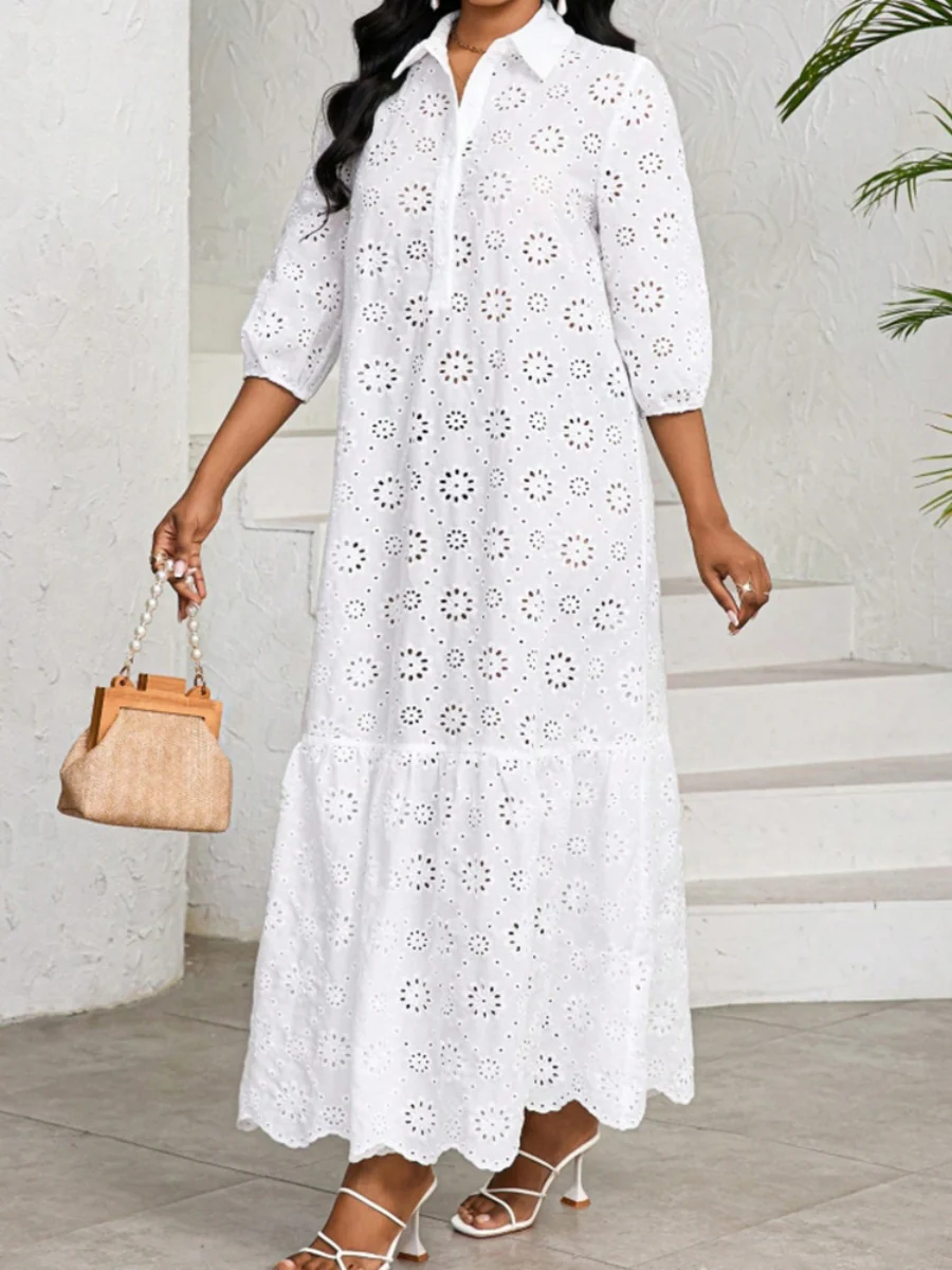 Three-quarter Sleeve Loose Shirt Collar Hollowed-out Lace Long Dress - Image 3