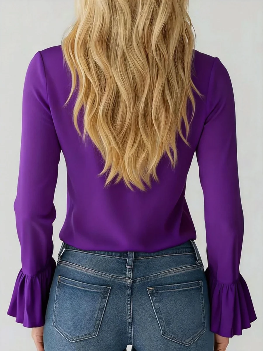 V-neck French Ruffle Puff Sleeve Chiffon Blouse - Image 7