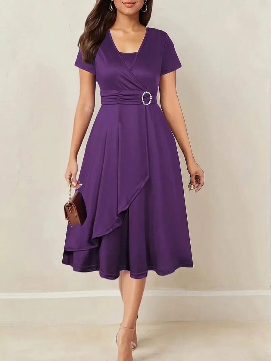 Grace Asymmetrical Knitting Large Skirt V-neck Midi Dresses - Image 11