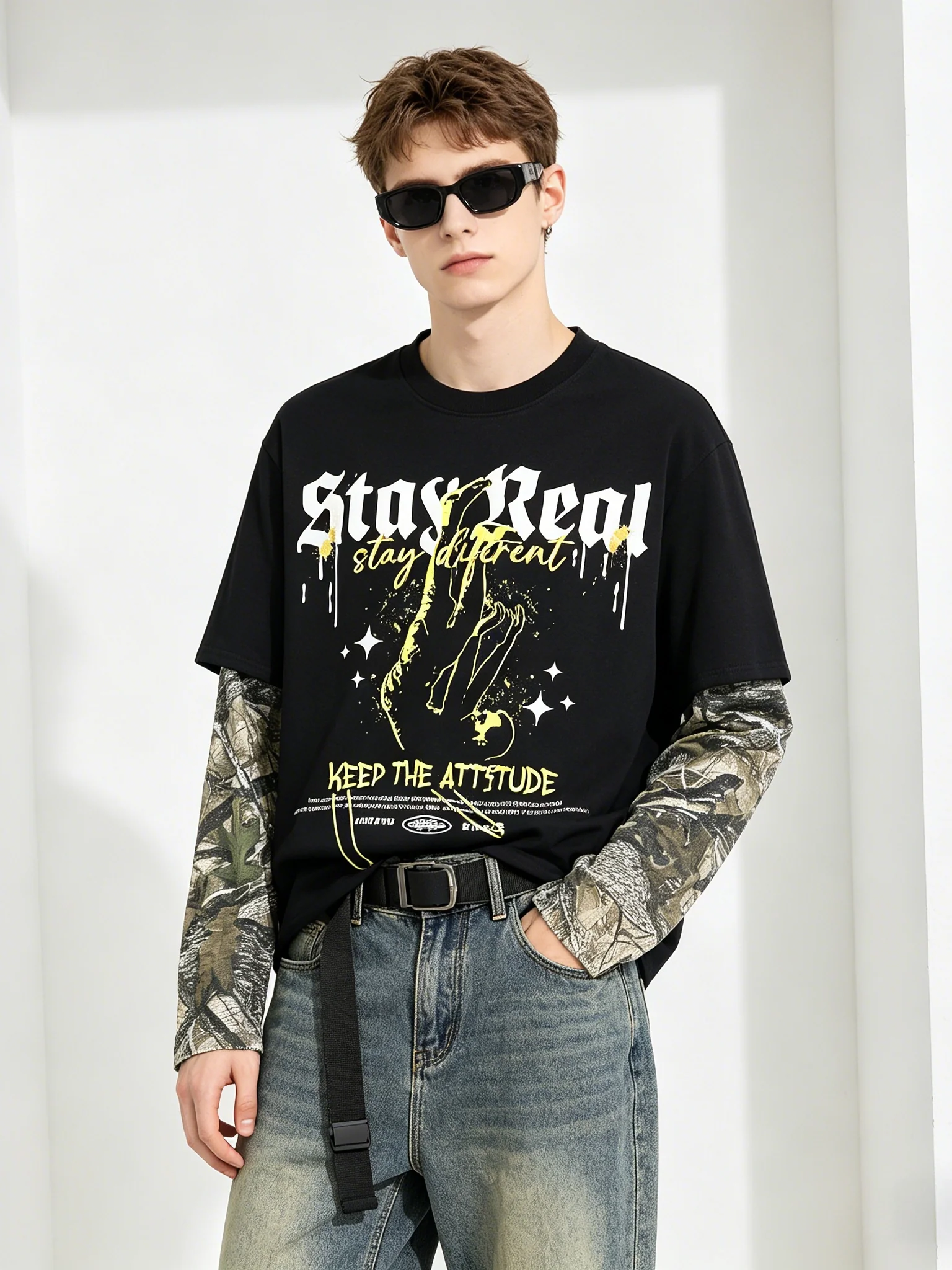 Retro Camouflage Layered-look Cropped Loose-fit T-shirts