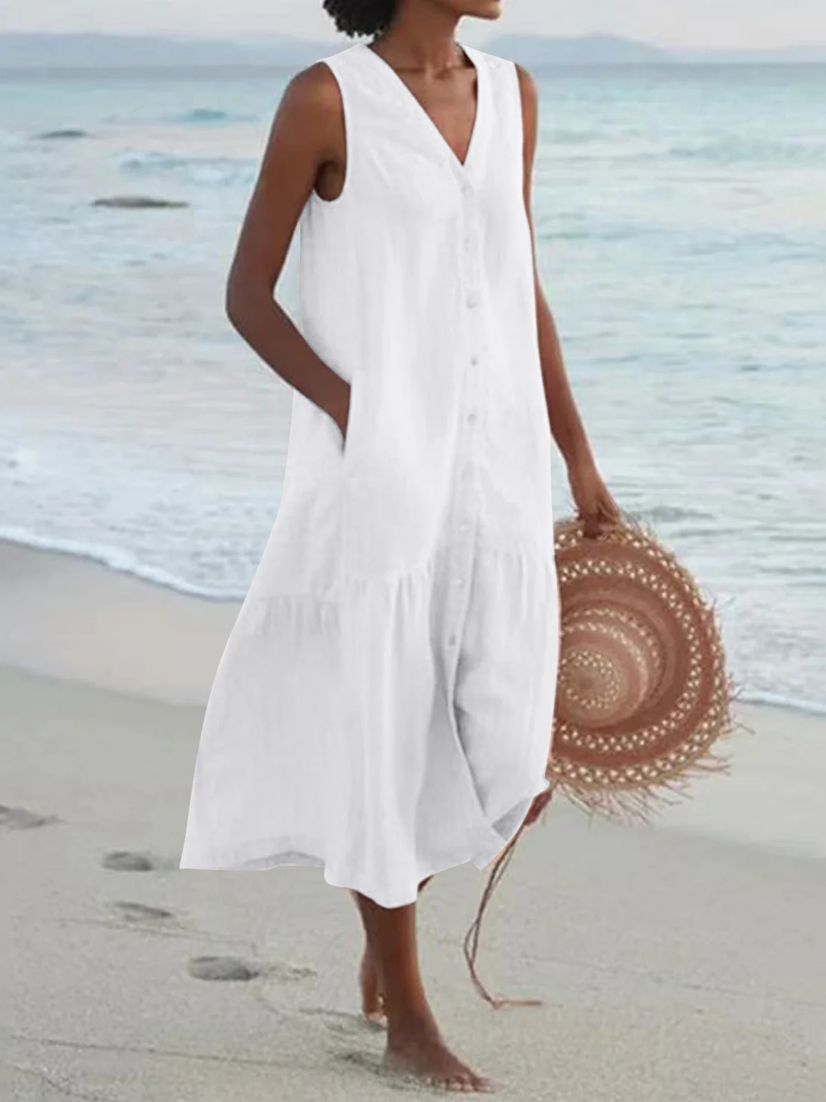 Loose-fitting V-neck Midi Dress - Image 3