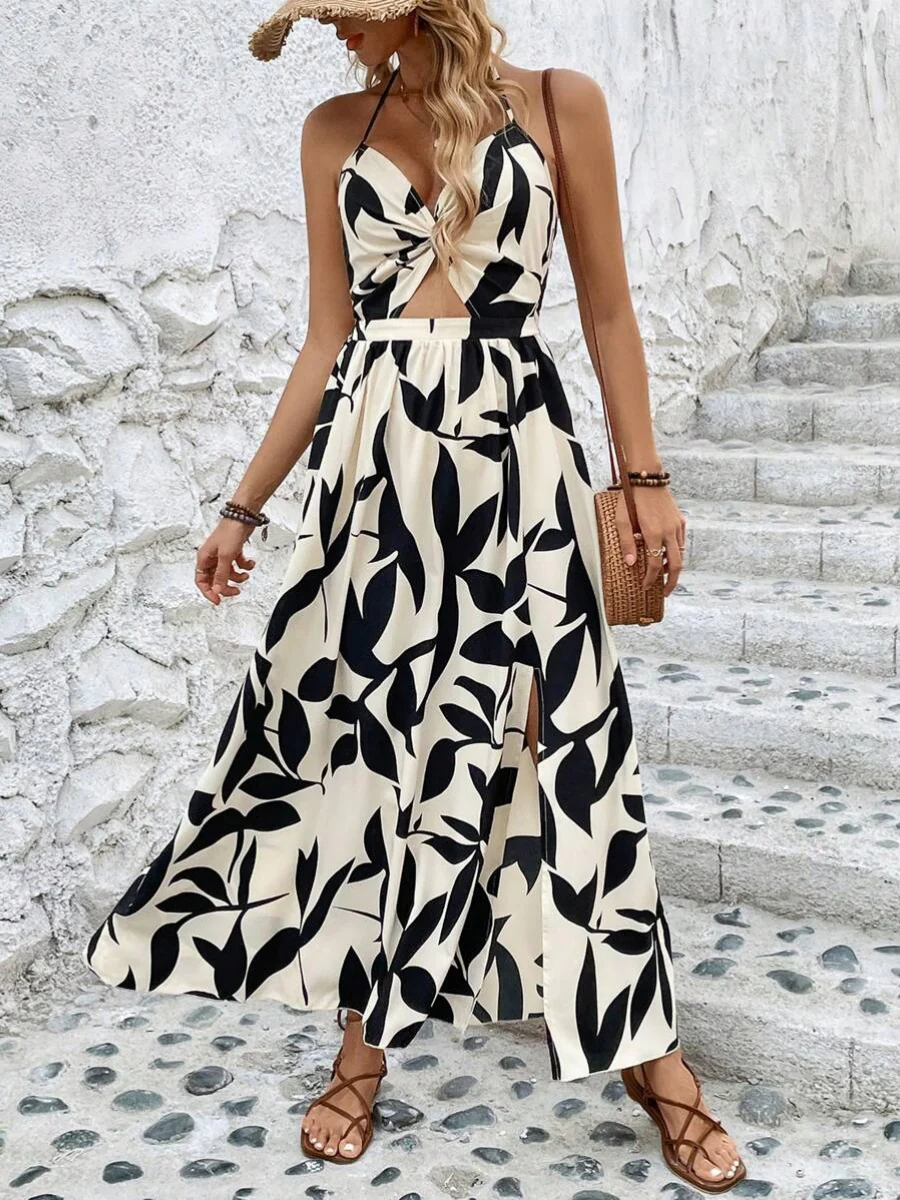 Leaf Print Hollow-Out Pleated Halter Neck Long Dress - Image 4