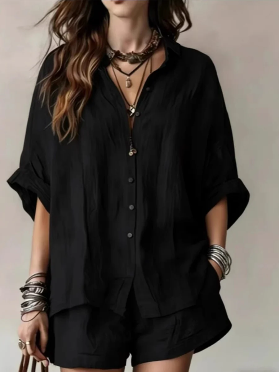 Blended Loose-fit Mid-length Sleeves Shirts Shorts Set 2-piece Sets - Image 6