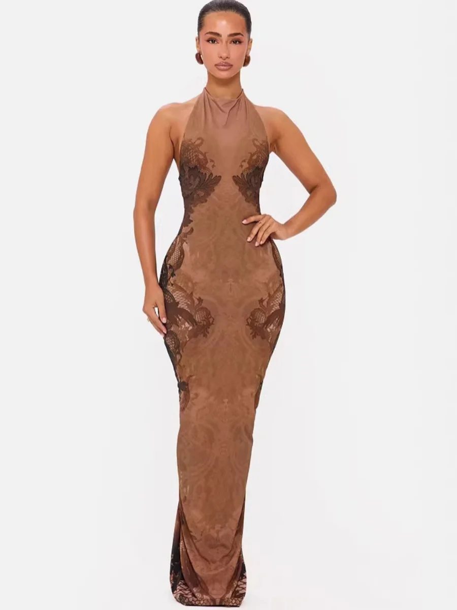 Halter French Backless Printed Formal Dress Maxi Dresses - Image 3