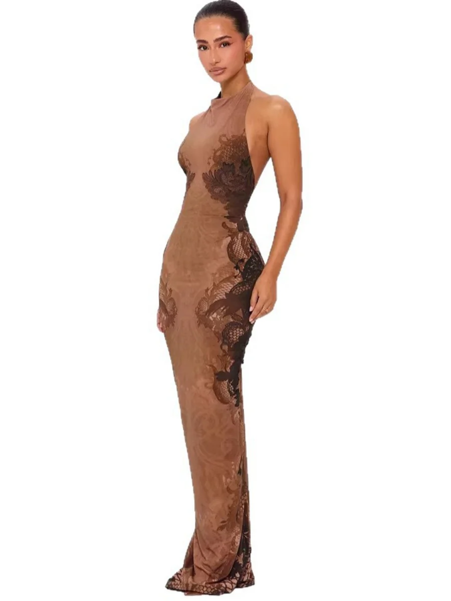 Halter French Backless Printed Formal Dress Maxi Dresses - Image 5