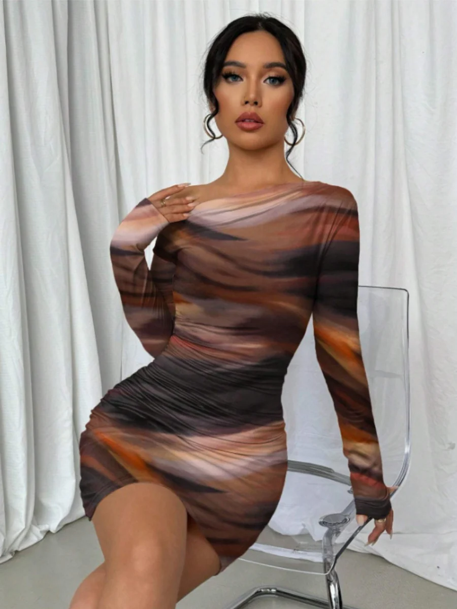 Pleated Slim-fit Hip-hugging Slant Collar Printed Mini&Short Dresses - Image 15