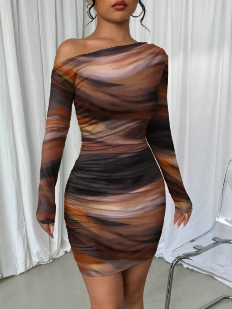 Pleated Slim-fit Hip-hugging Slant Collar Printed Mini&Short Dresses - Image 16