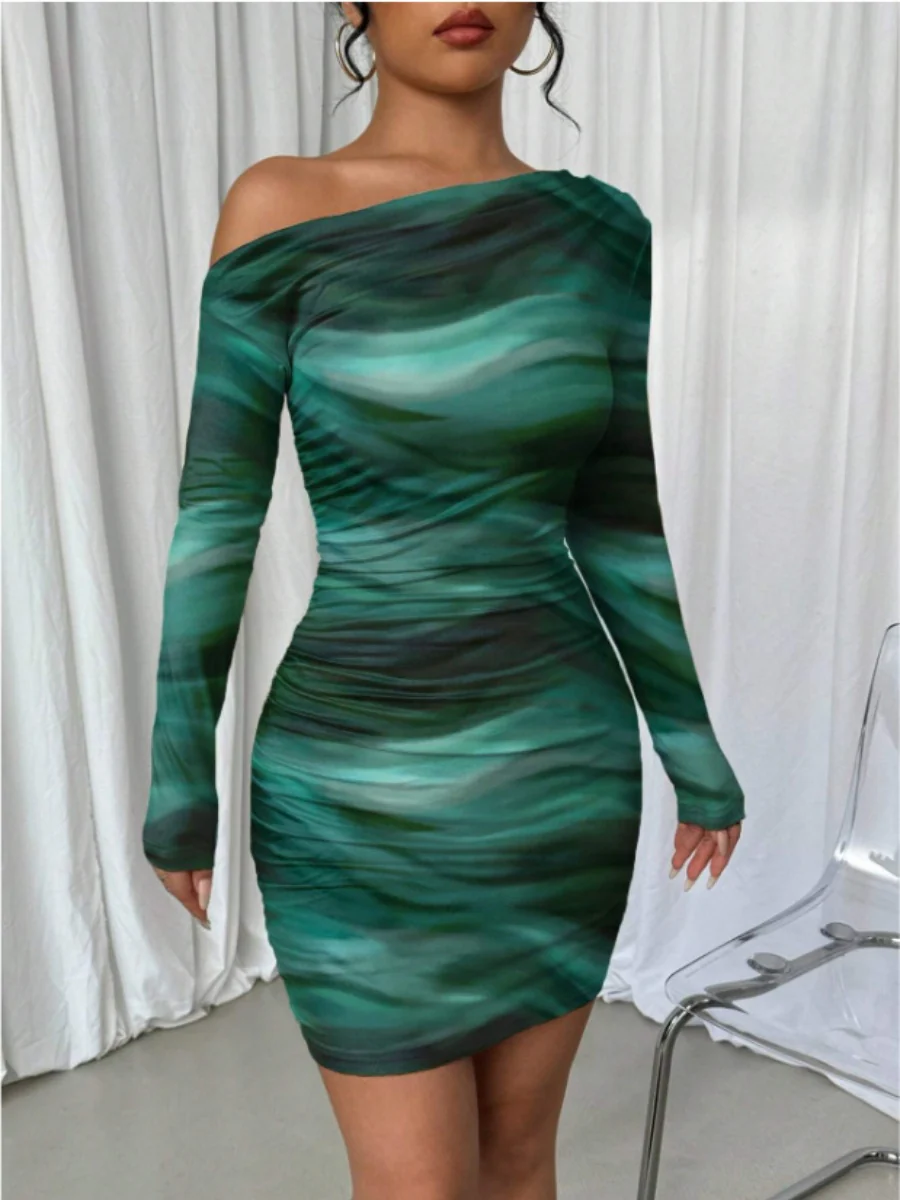 Pleated Slim-fit Hip-hugging Slant Collar Printed Mini&Short Dresses - Image 19