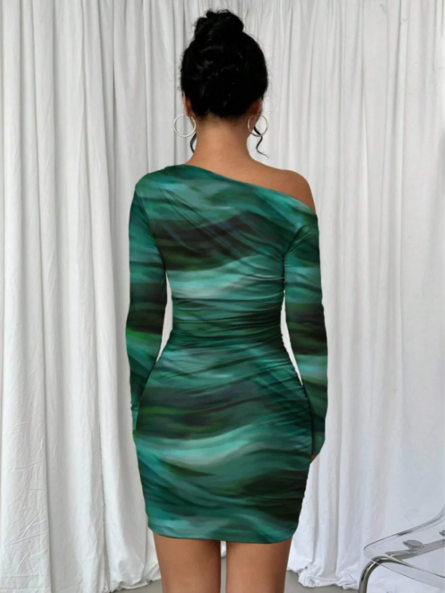 Pleated Slim-fit Hip-hugging Slant Collar Printed Mini&Short Dresses - Image 21