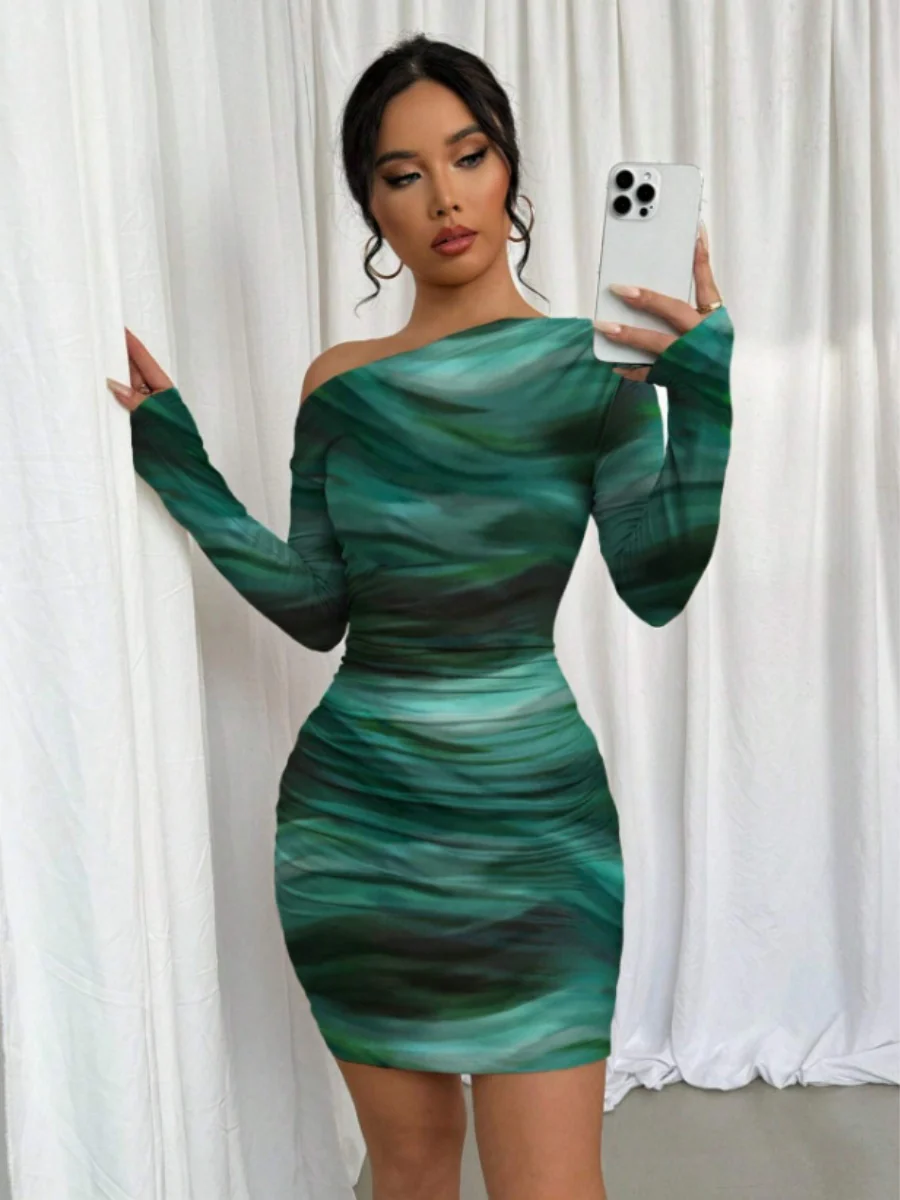 Pleated Slim-fit Hip-hugging Slant Collar Printed Mini&Short Dresses - Image 22