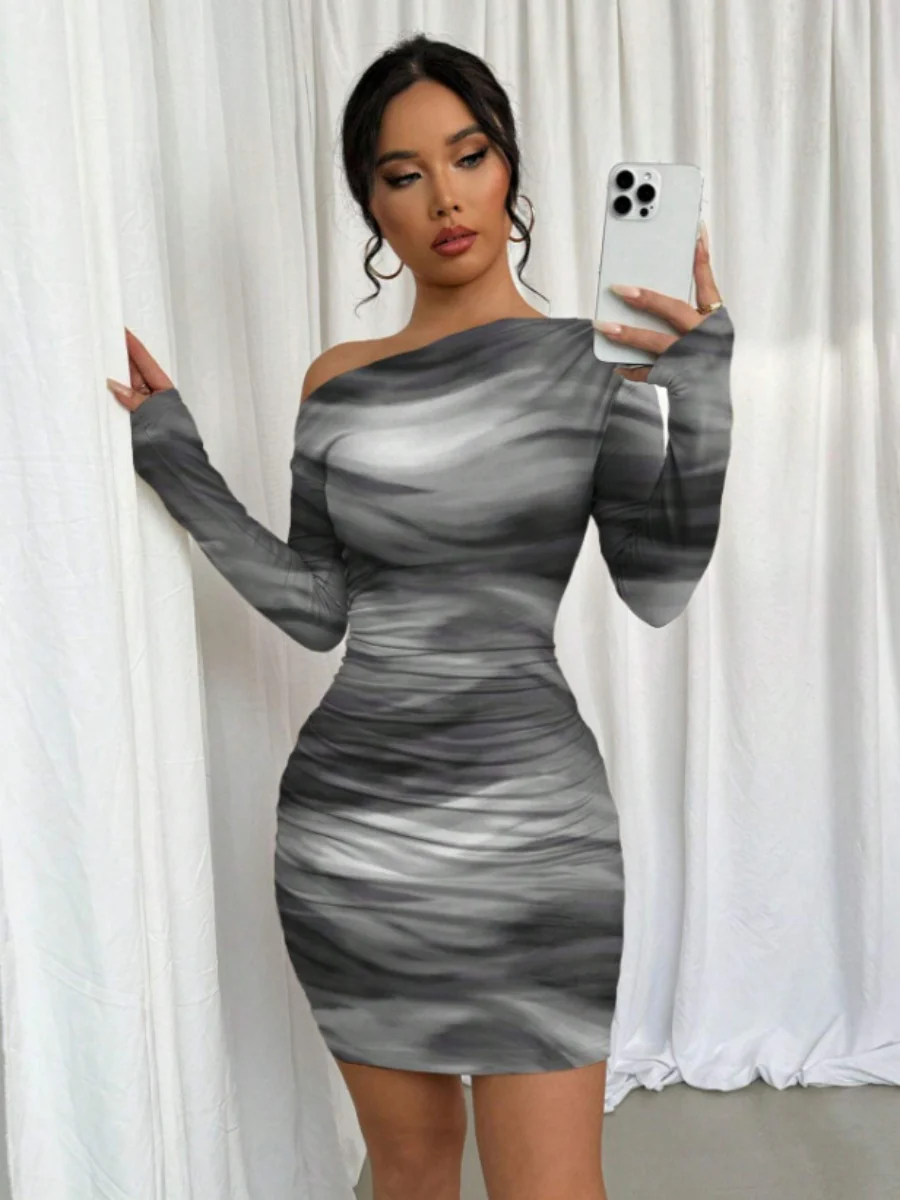 Pleated Slim-fit Hip-hugging Slant Collar Printed Mini&Short Dresses - Image 24