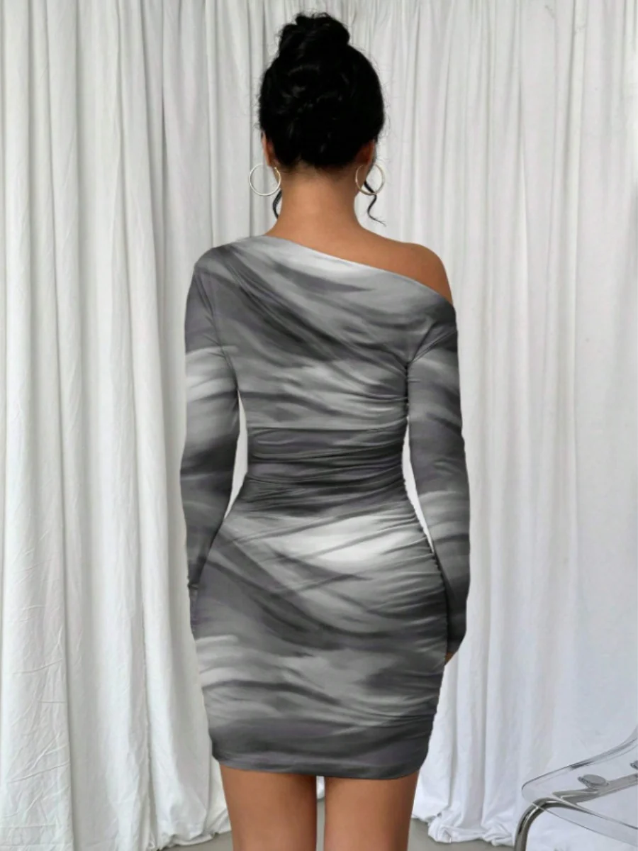 Pleated Slim-fit Hip-hugging Slant Collar Printed Mini&Short Dresses - Image 25