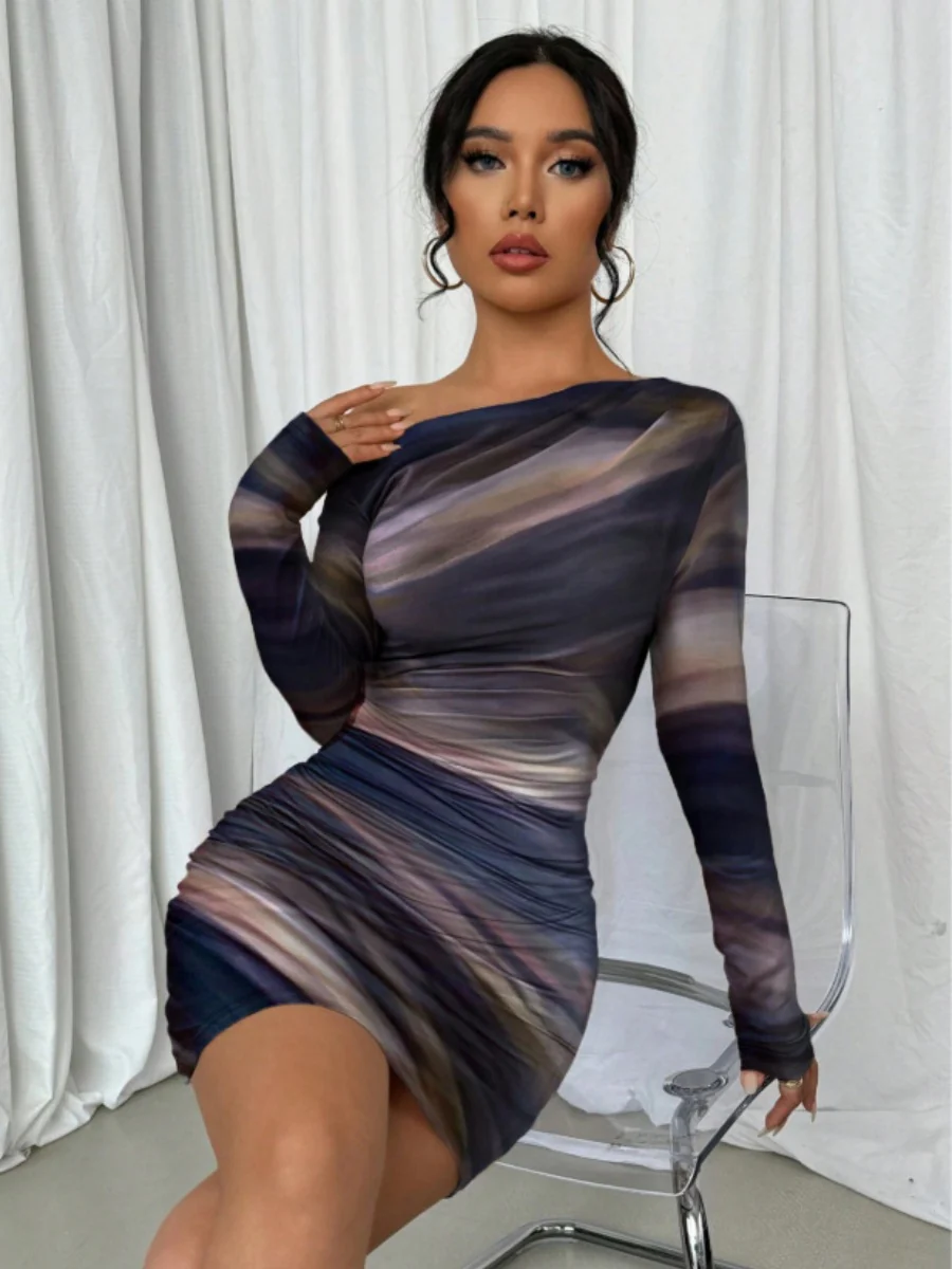 Pleated Slim-fit Hip-hugging Slant Collar Printed Mini&Short Dresses - Image 3