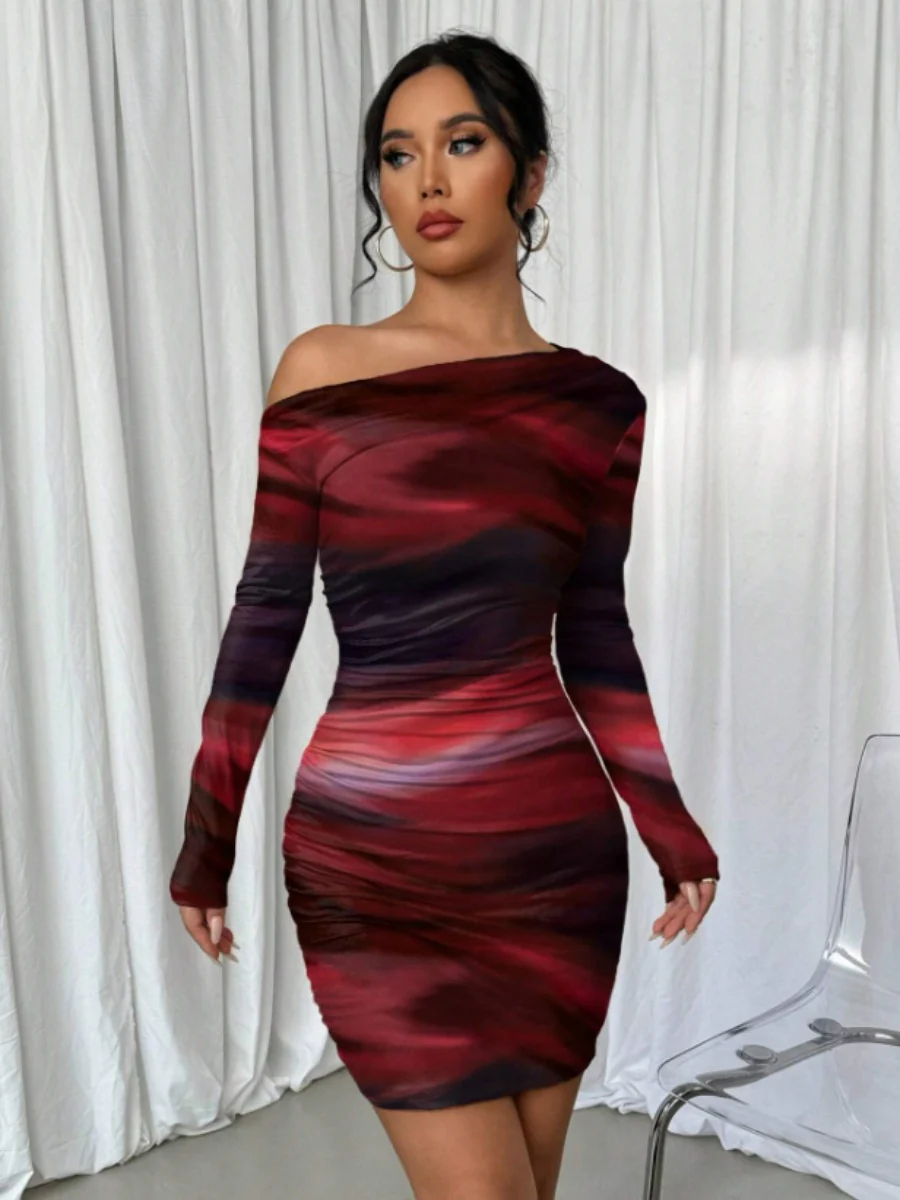 Pleated Slim-fit Hip-hugging Slant Collar Printed Mini&Short Dresses - Image 6