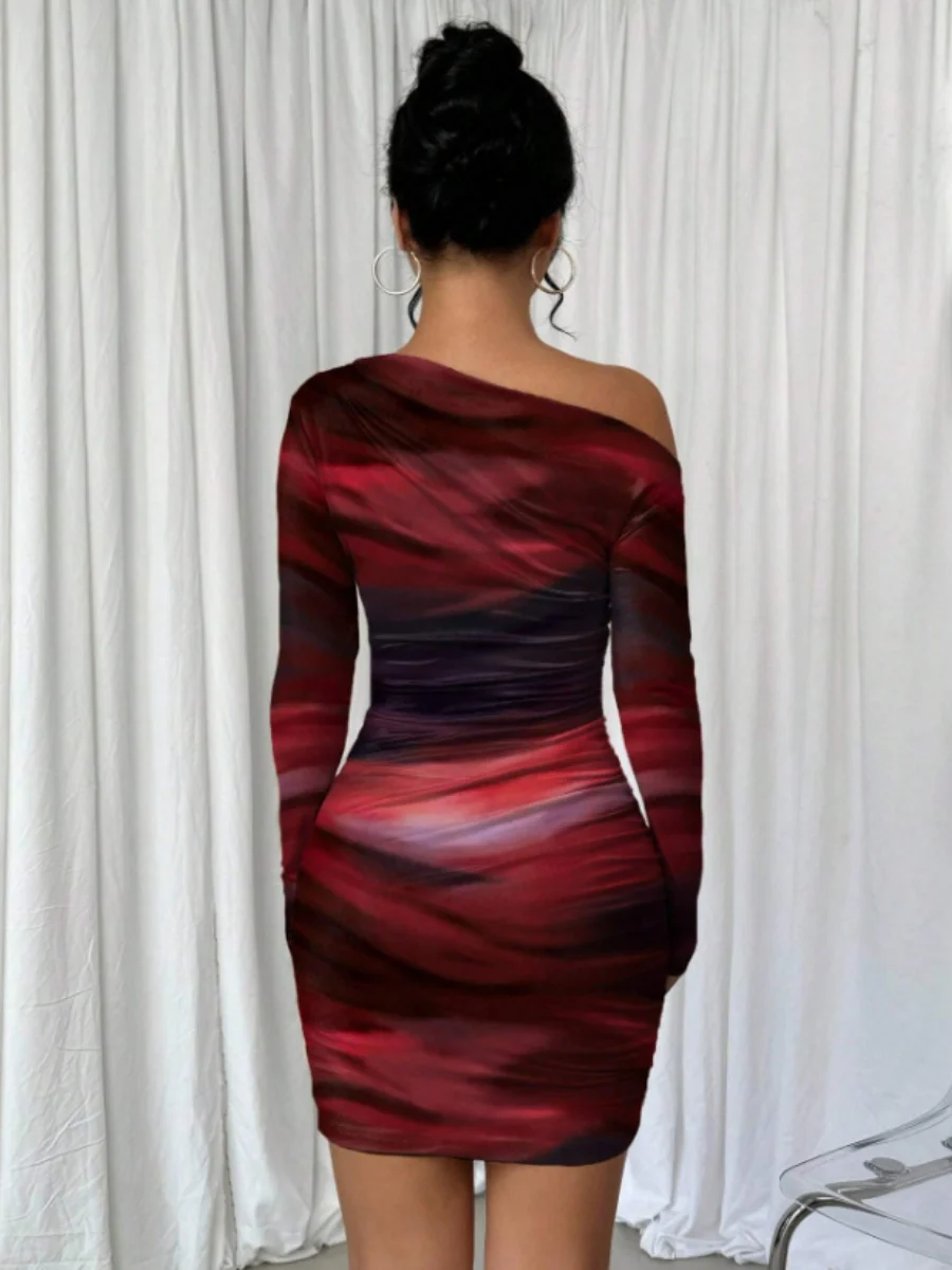 Pleated Slim-fit Hip-hugging Slant Collar Printed Mini&Short Dresses - Image 7