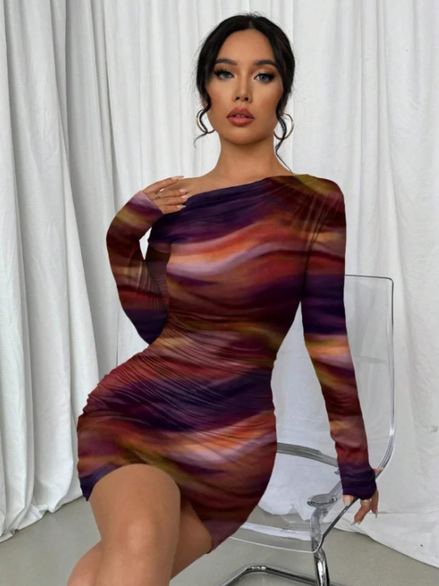 Pleated Slim-fit Hip-hugging Slant Collar Printed Mini&Short Dresses - Image 9