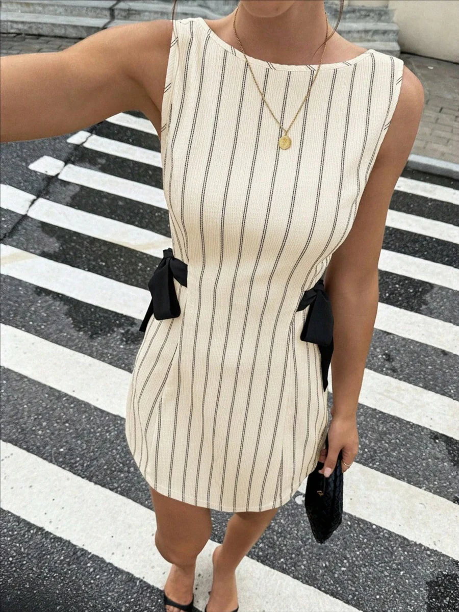 Stripes Sleeveless Reversible Bow Mini&Short Dresses - Image 15