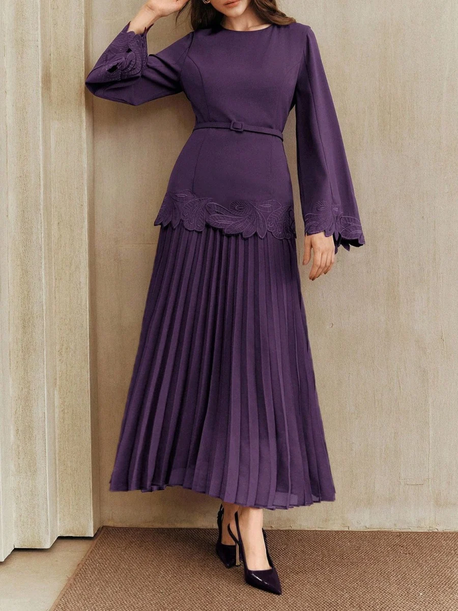 Applique Including Belt Pleats Maxi Dresses