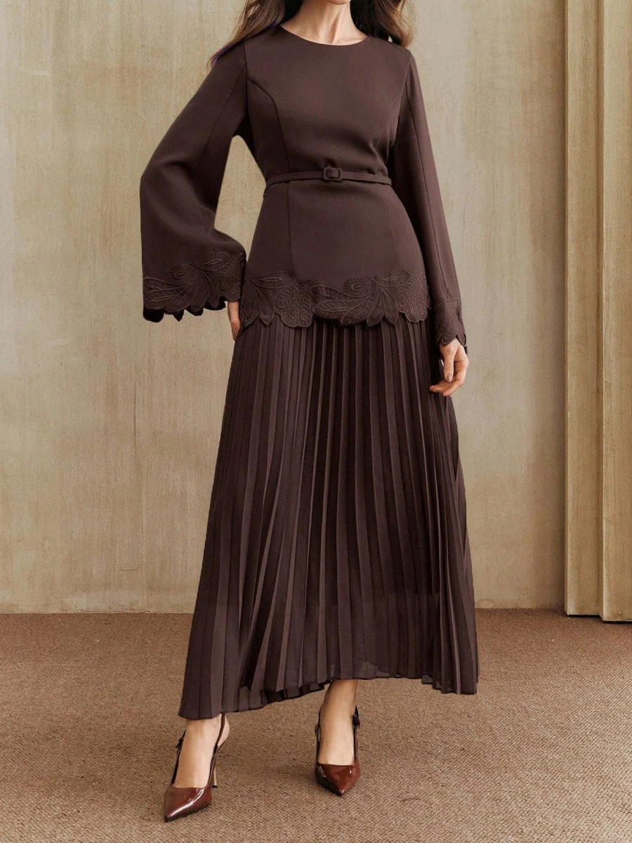 Applique Including Belt Pleats Maxi Dresses - Image 15