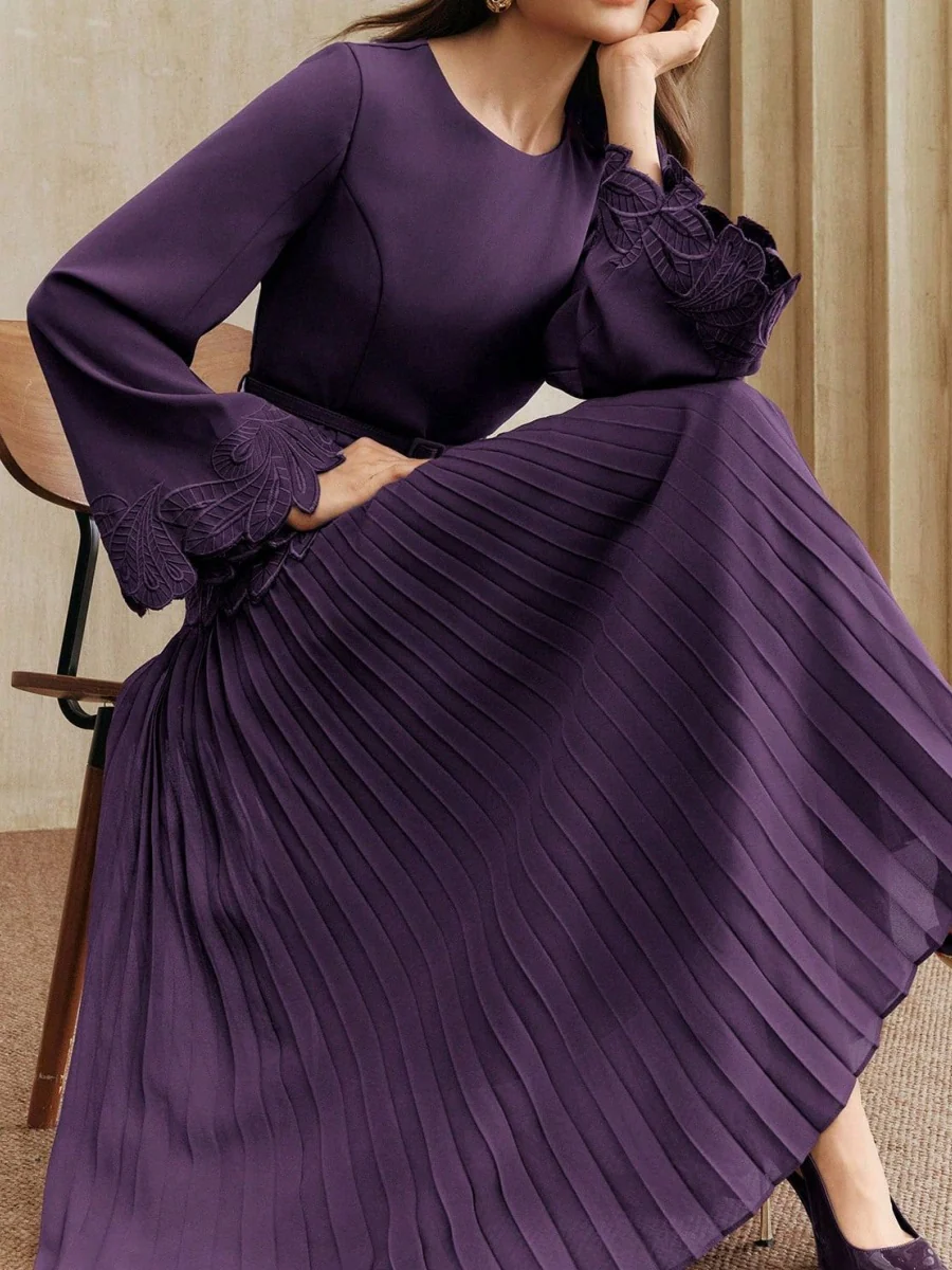 Applique Including Belt Pleats Maxi Dresses - Image 3