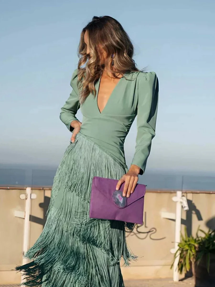 Long Sleeve Deep V Tassel Maxi Dresses