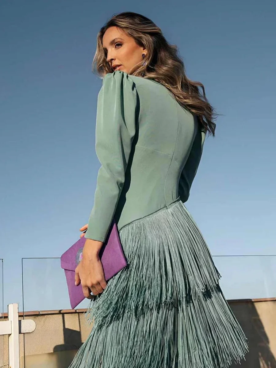 Long Sleeve Deep V Tassel Maxi Dresses - Image 2