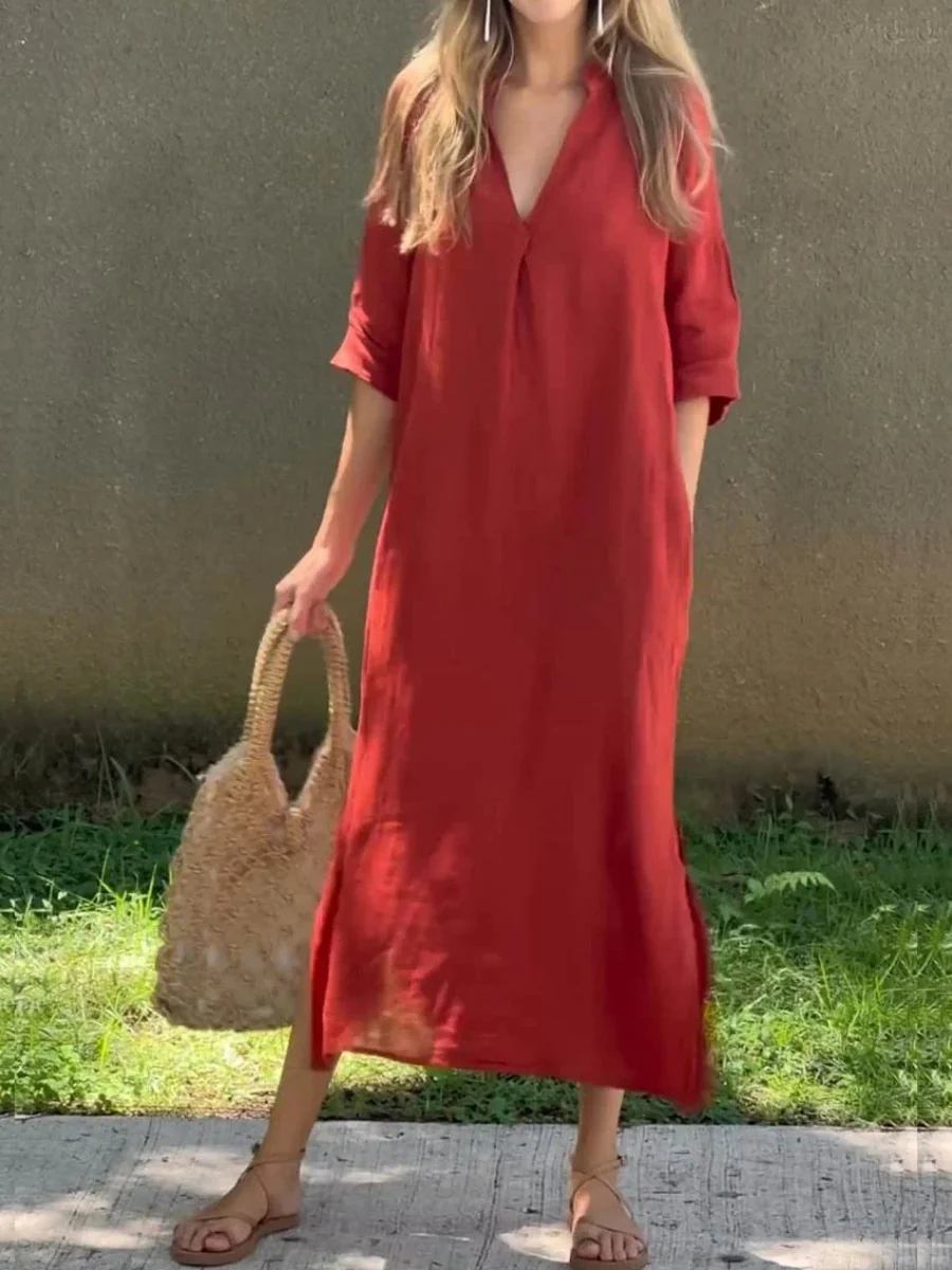 V-neck, Three-quarter Sleeve, Long Dress With Side Slit Pockets And Pleated Chest - Image 3