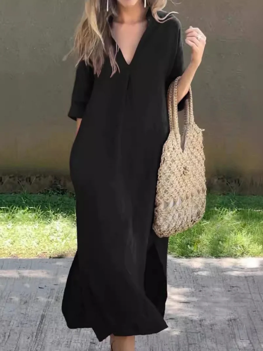 V-neck, Three-quarter Sleeve, Long Dress With Side Slit Pockets And Pleated Chest - Image 4