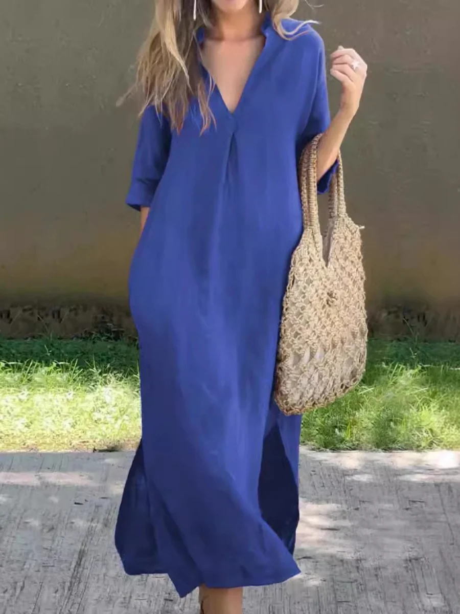 V-neck, Three-quarter Sleeve, Long Dress With Side Slit Pockets And Pleated Chest - Image 6