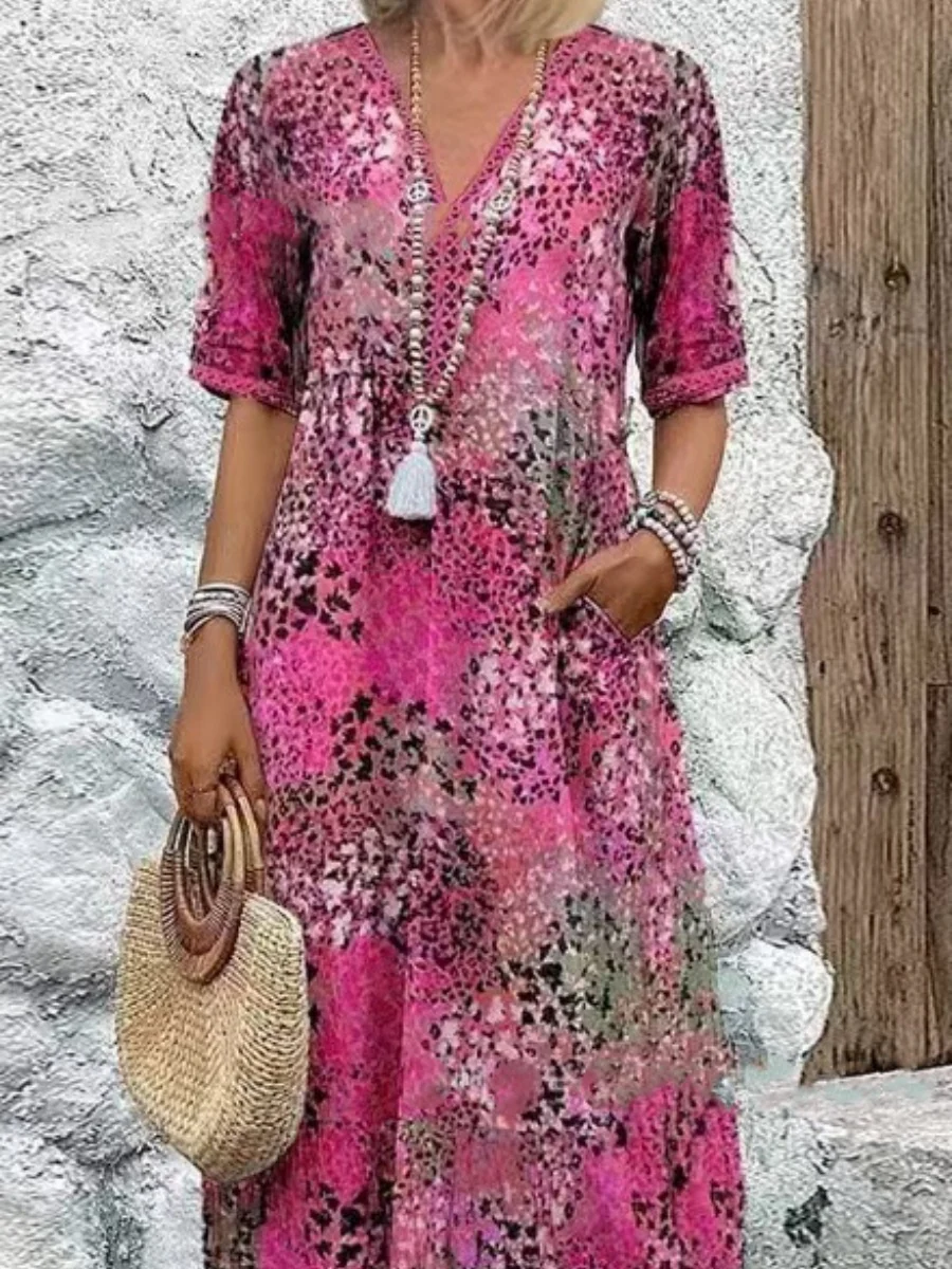 Leopard Print Midi Dress With Lace Trim And V-neck Short Sleeves - Image 3