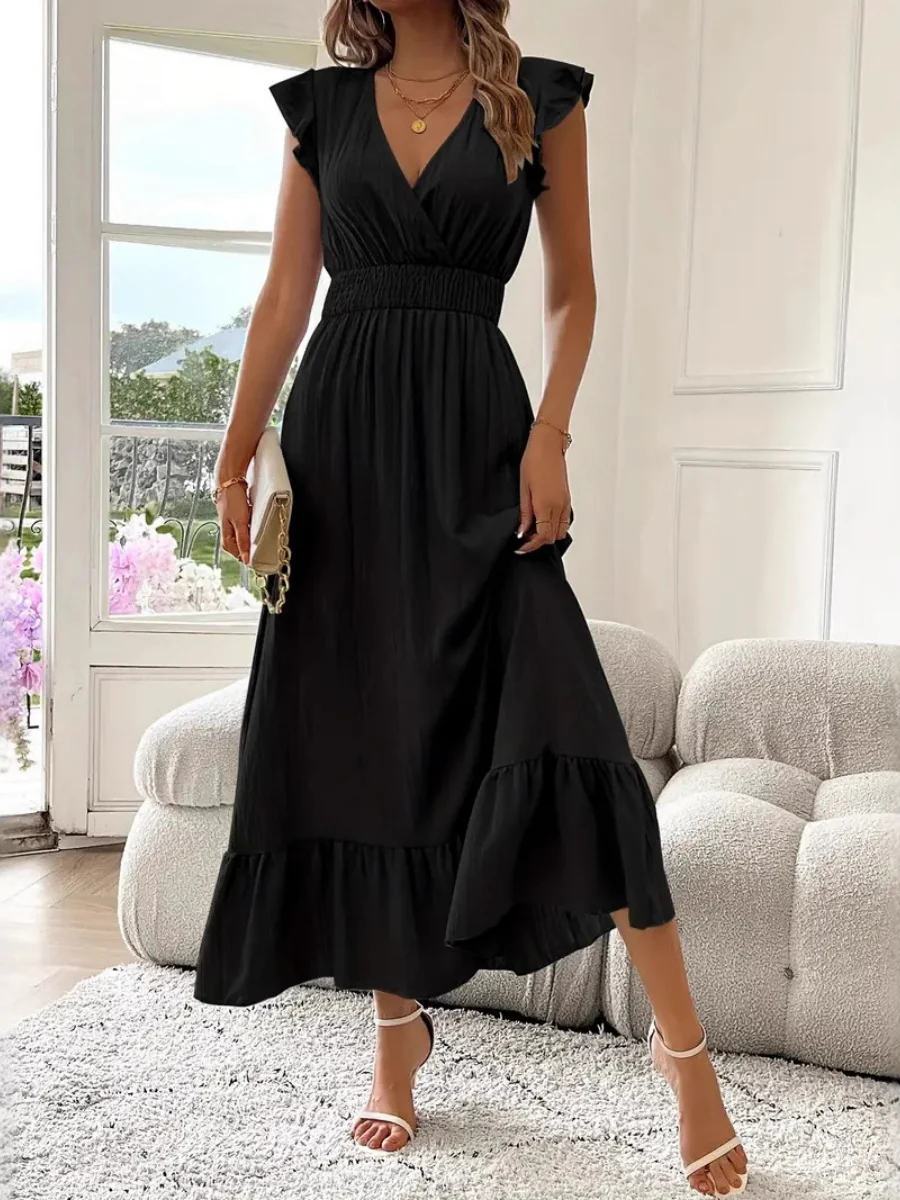 Solid Color Patchwork V-neck Long Dress - Image 3
