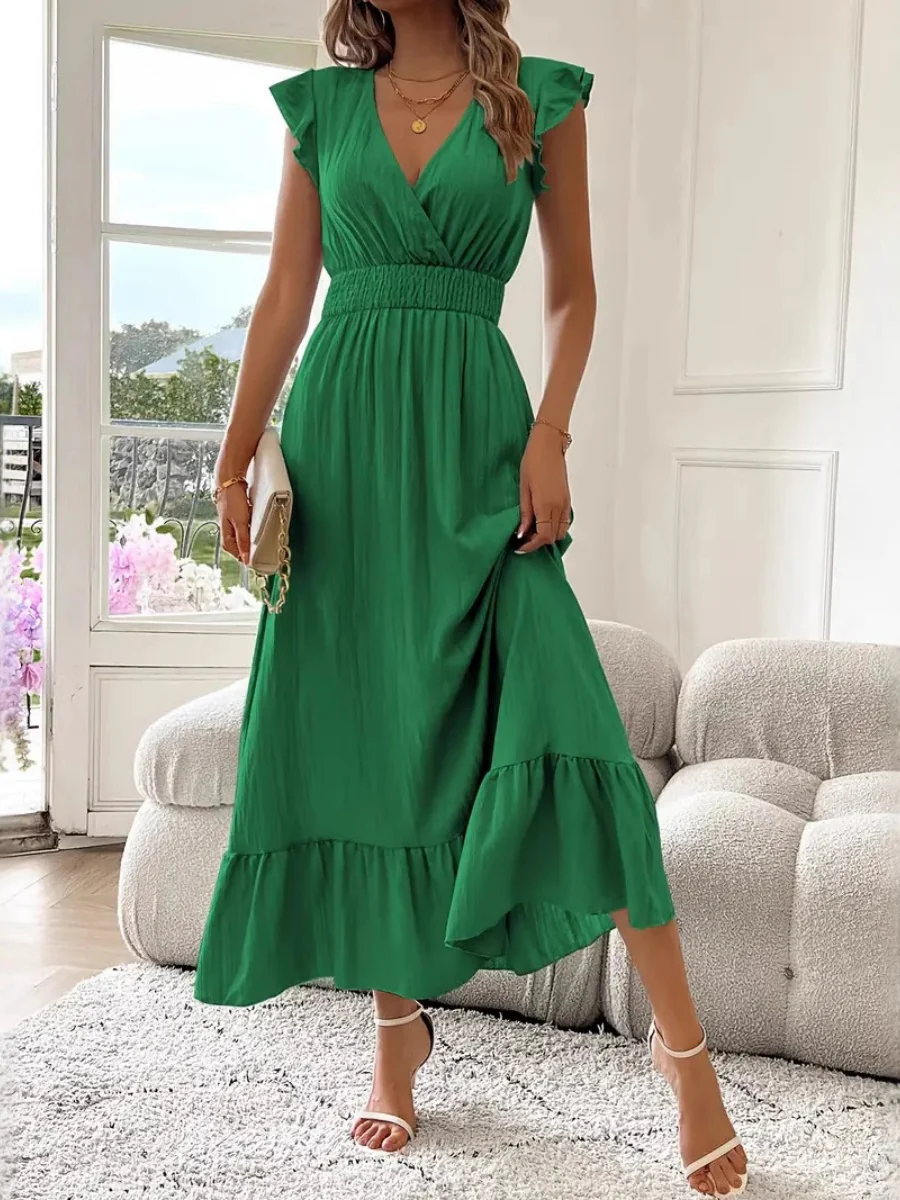 Solid Color Patchwork V-neck Long Dress - Image 5